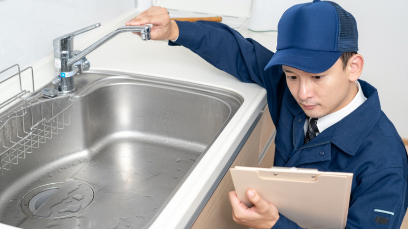 キッチンを点検する水道修理業者